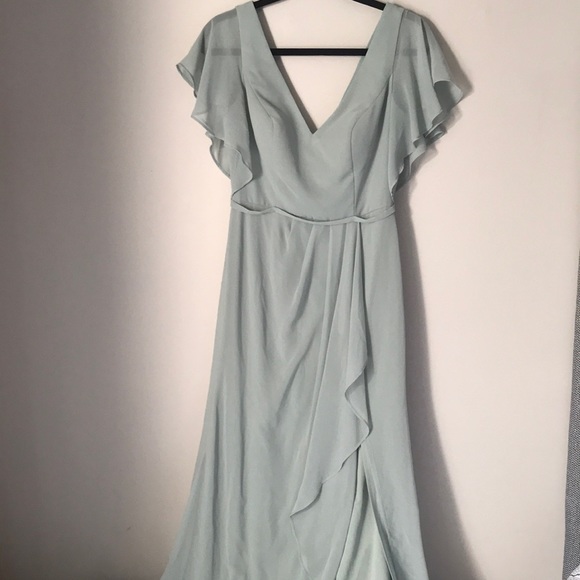 Dusty Sage David’s Bridal Flutter Sleeve Dress with Cascade - Picture 1 of 4